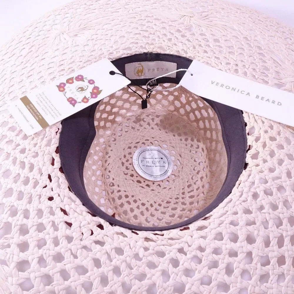 Veronica Beard Meringue Raffia Straw Wide Brim Sun Hat Natural S M NWT 298 - Picture 14 of 15